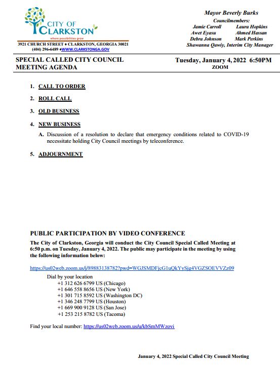 City Council Special Called Meeting  1/4/22 @ 6:50pm