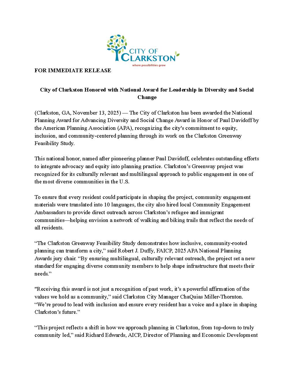 City of Clarkston Honored with National Award for Leadership in Diversity and Social Change