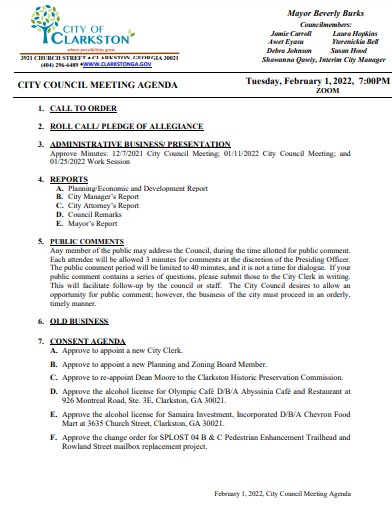 City Council Meeting February 1, 2022 7PM