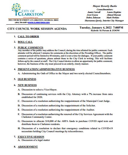 City of Clarkston's City Council Work Session January 4, 2022  7:00PM