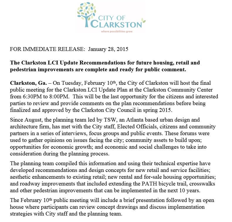 Press Release - City of Clarkston LCI Meeting February 10th