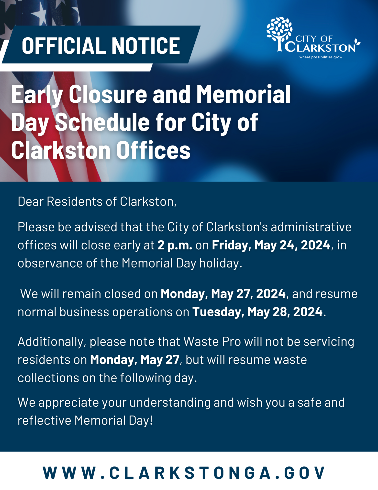 Early Closure and Memorial Day Schedule for City of Clarkston Offices City of Clarkston, GA