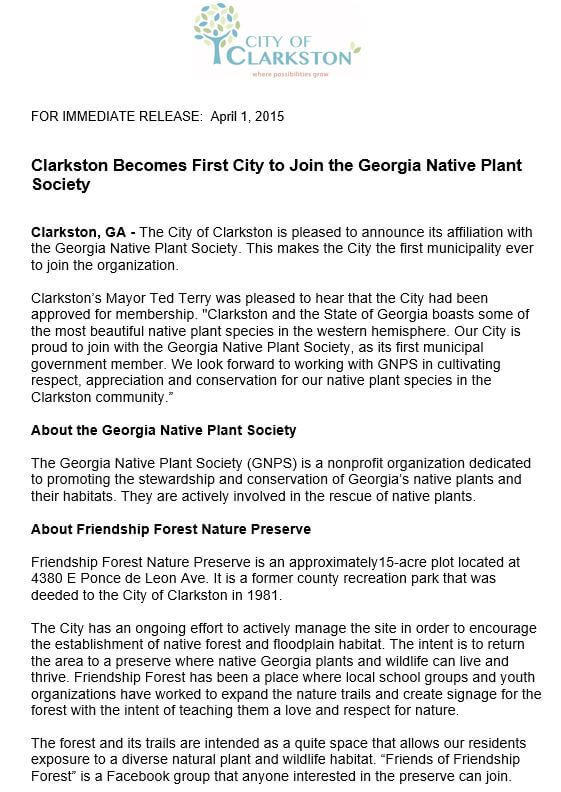 Press Release- Clarkston Becomes the First City to Join the Georgia Native Plant Society