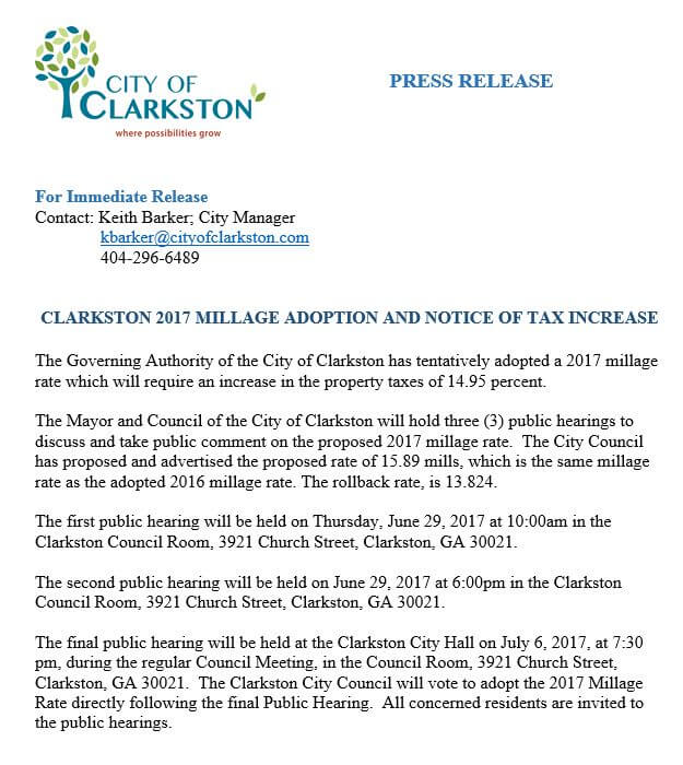 Press Release - 2017 Millage Adoption and Notice of Tax Increase