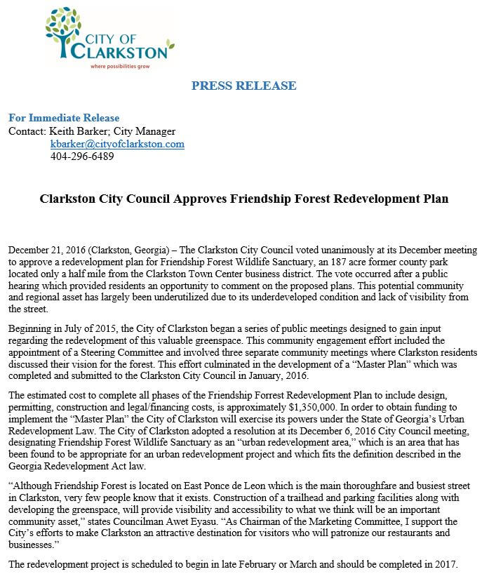 Press Release -Clarkston City Council Approves Friendship Forest Redevelopment Plan