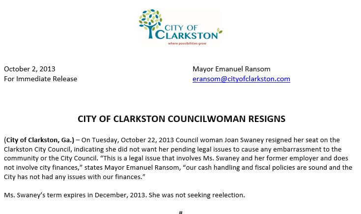 Press Release- Council Member Joan Swaney Resignation