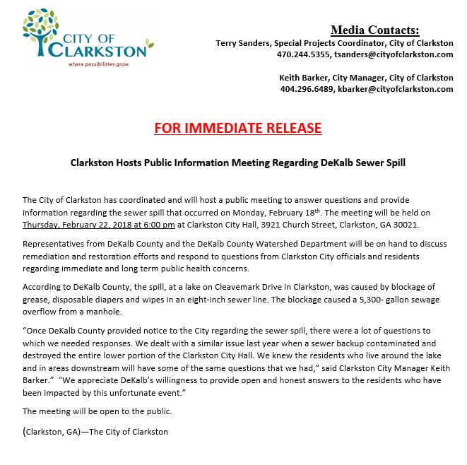 Press Release -Clarkston Hosts Public Information Meeting Regarding DeKalb Sewer Spill