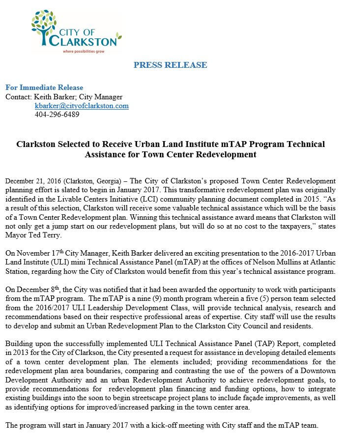 Press Release- Clarkston Selected to Receive Urban Land Institute mTAP Program Technical Assistance for Town Center Redevelopment