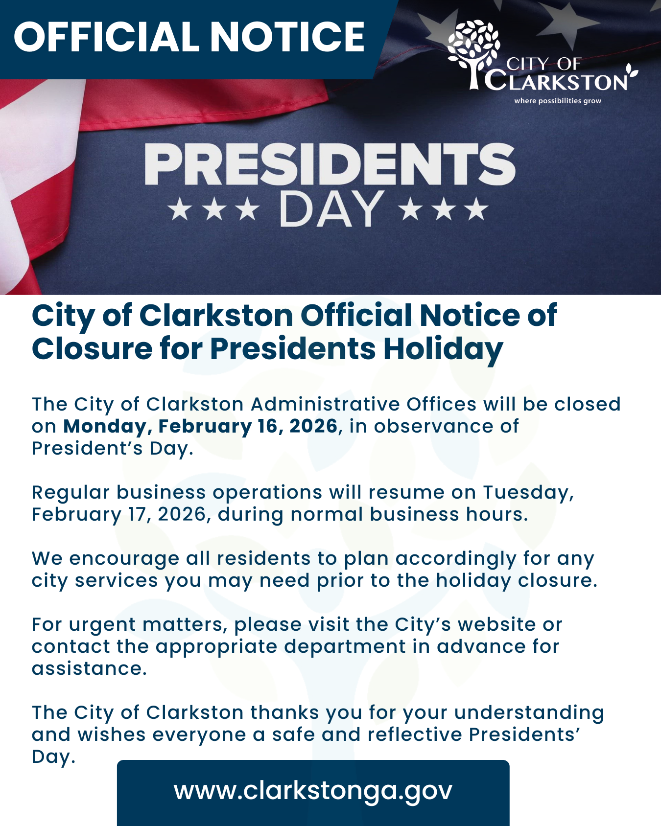 Presidents Day Closure 2026