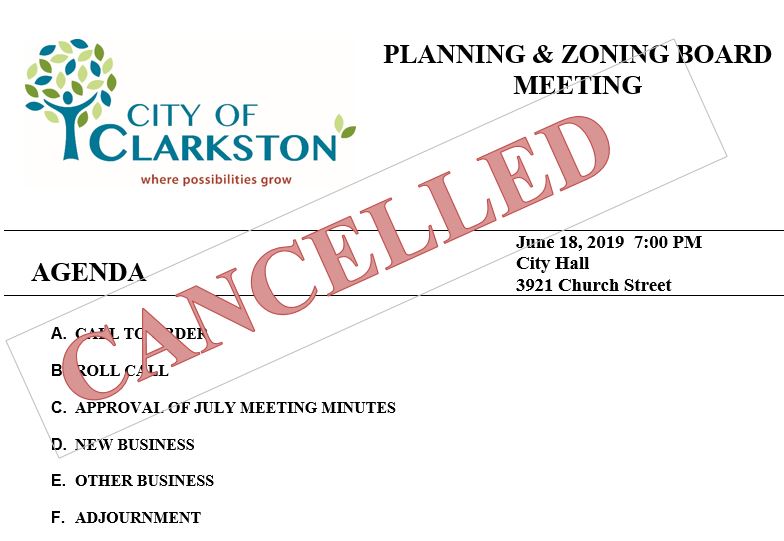 Planning & Zoning Meeting 6-18-19 CANCELLED