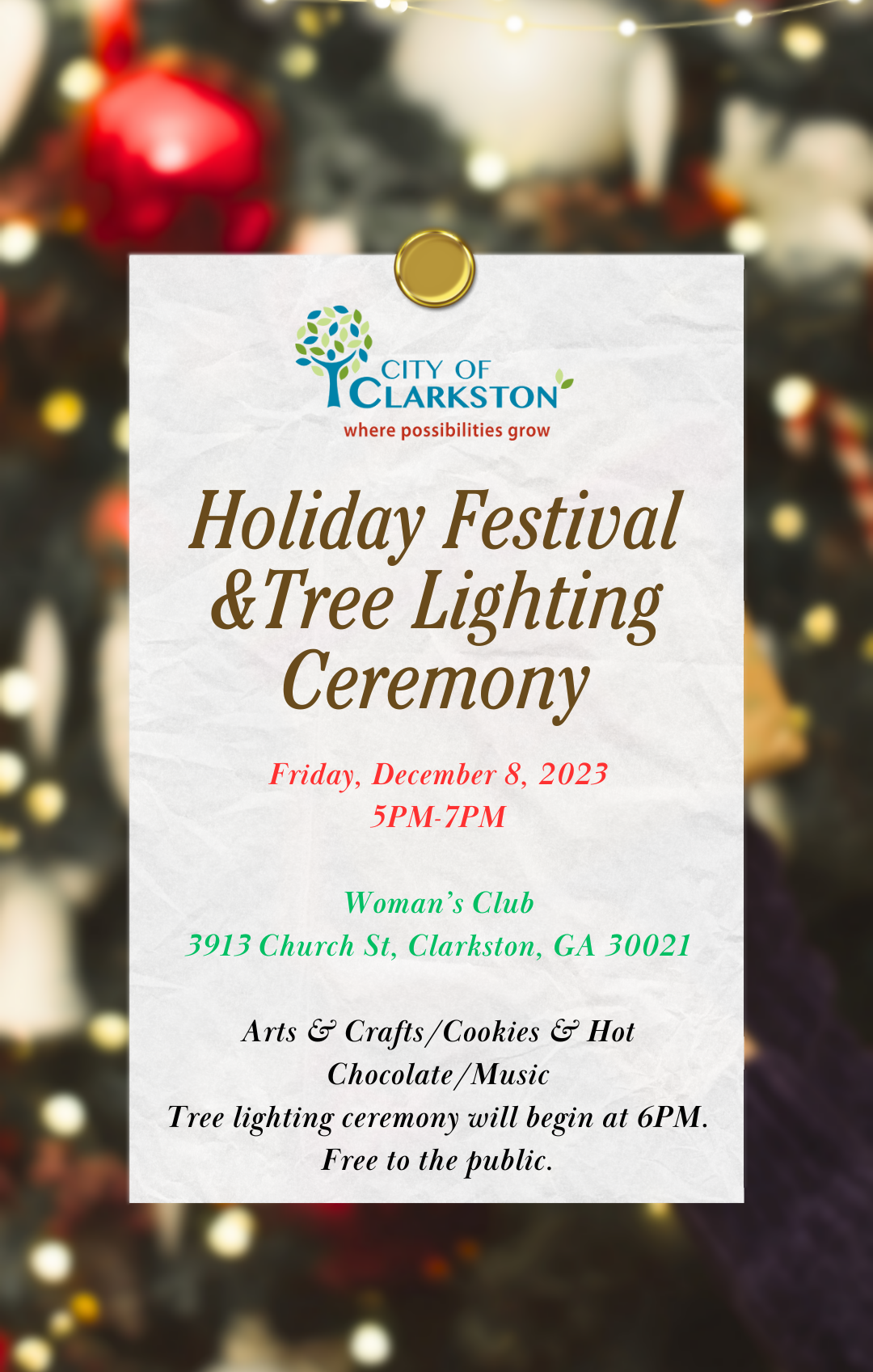 Holiday Festival & Tree Lighting Ceremony 5pm City of Clarkston, GA