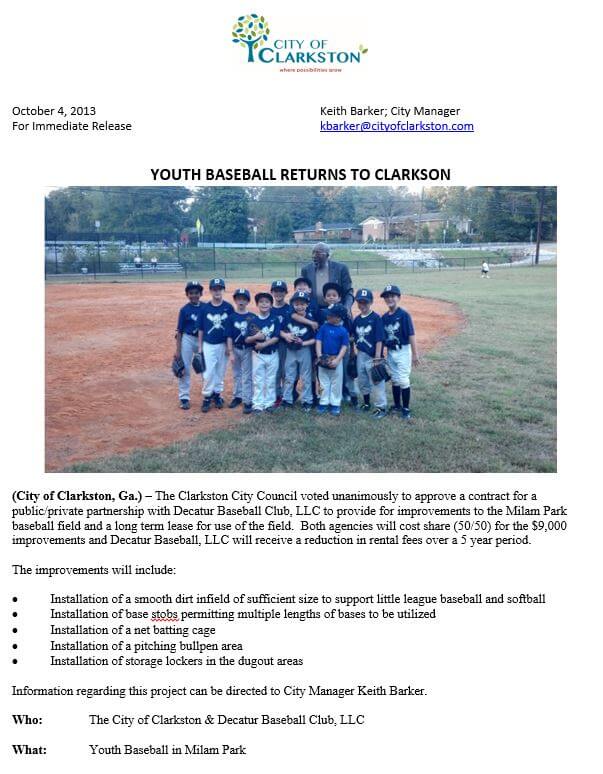 Press Release- Youth Baseball Returns to Milam Park