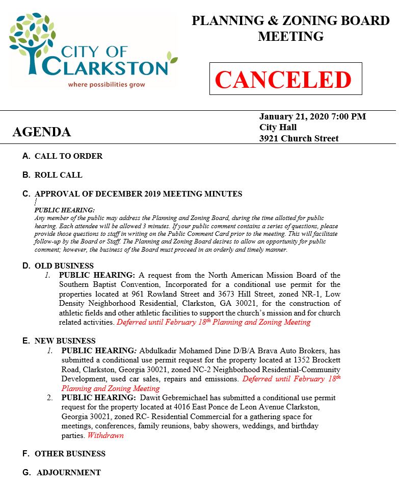 CANCELED PLANNING & ZONING MEETING 1-21-20