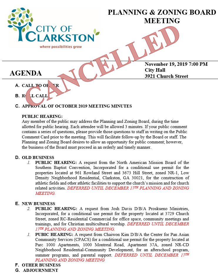 cancelled planning & zoning meeting  11-19-19