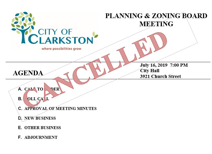 cancelled July 16 planning & zoning meeting