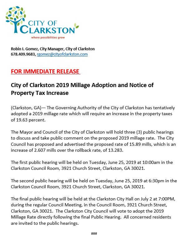 press release 2019 millage adoption and notice of property tax increase