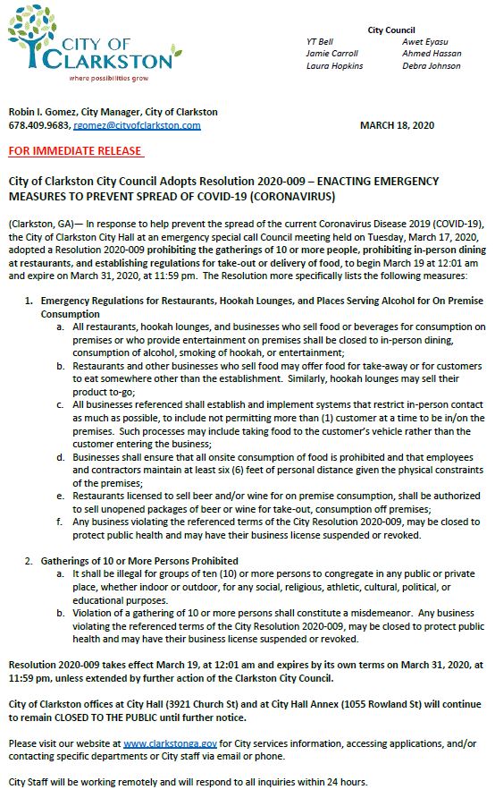 CITY PRESS RELEASE, RESTAURANT-BUSINESS NOTICE, COUNCIL RESOLUTION 2020-009