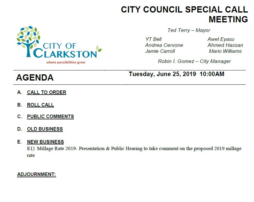 special call meeting millage 6-25-19  10 am