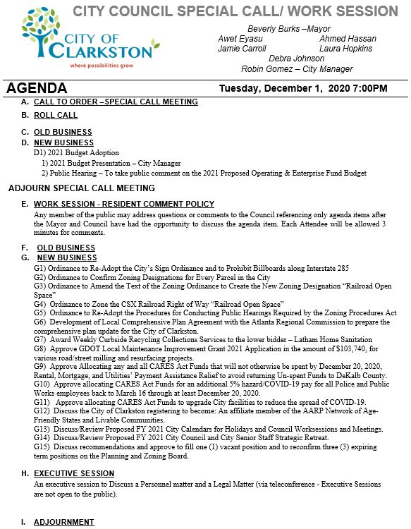 updated 12-2-2020 special call work session agenda