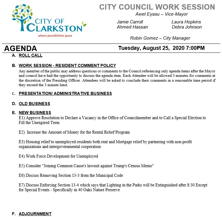 work session agenda 8-25-2020